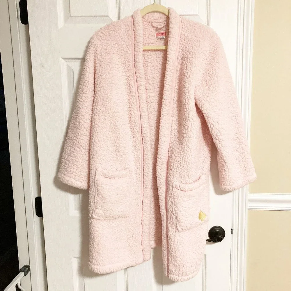 Kate Spade Blush Pink Plush High Pile Fleece Short Robe Gold Spade Logo XS/S